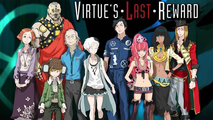 official art for Zero Escape: Virtue's Last Reward. it features the game title and the cast of the 9 players of the nonary game